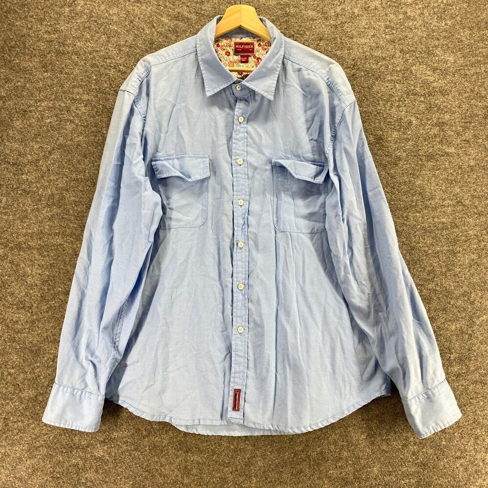 5/$45 Hilfiger Shirt Men 2XL Blue Red Label Denim Light Wash Button Collared